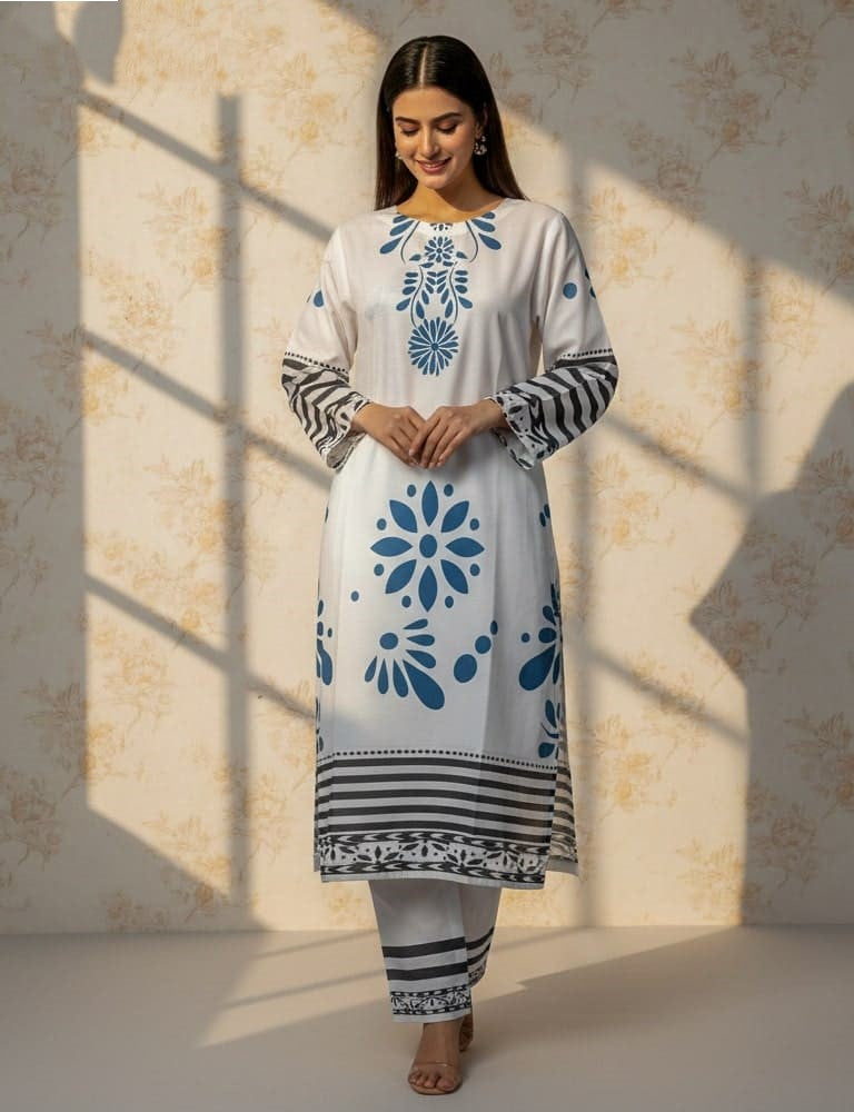 Slub Essence – 2 Piece Printed Slub Lawn Suit (White)
