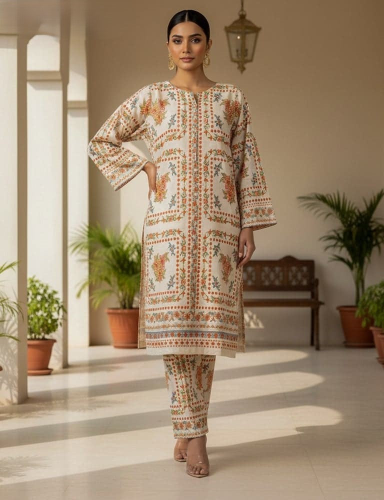 Slub Essence – 2 Piece Printed Slub Lawn Suit (Off White)