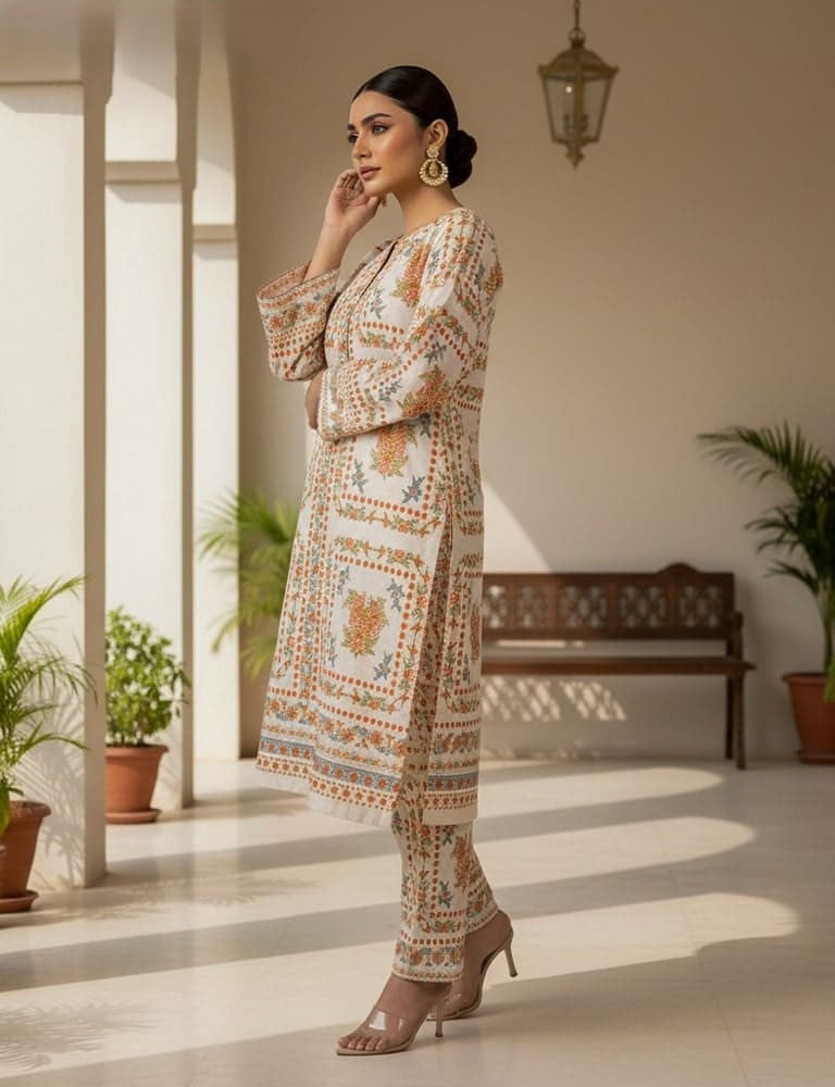 Slub Essence – 2 Piece Printed Slub Lawn Suit (Off White)