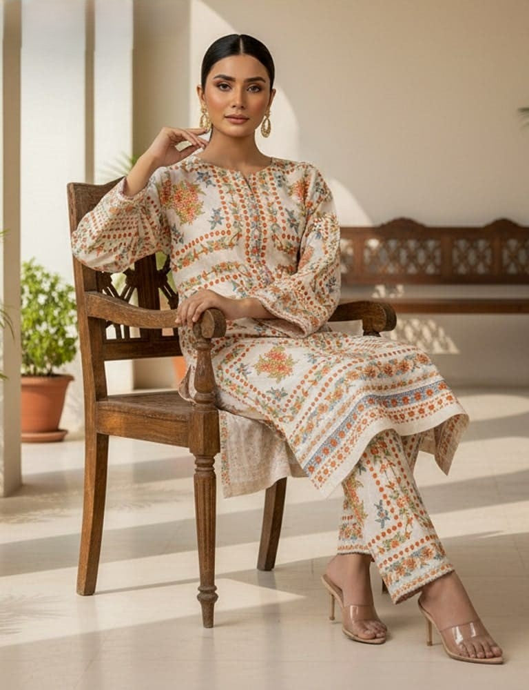 Slub Essence – 2 Piece Printed Slub Lawn Suit (Off White)