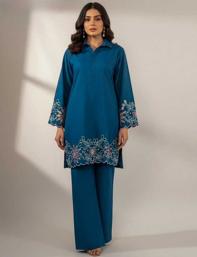 Aserin – Luxury Laser Cotton Cutwork 2PC Co-Ord Set (Multi-Color) by Mudasir Fashion