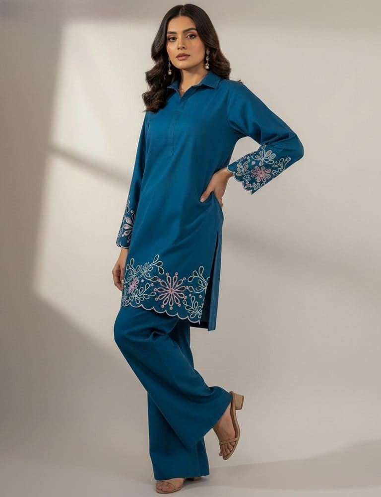 Aserin – Luxury Laser Cotton Cutwork 2PC Co-Ord Set (Multi-Color) by Mudasir Fashion