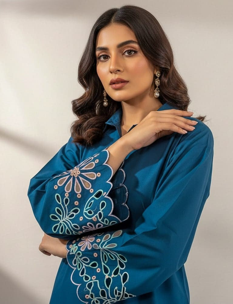 Aserin – Luxury Laser Cotton Cutwork 2PC Co-Ord Set (Multi-Color) by Mudasir Fashion