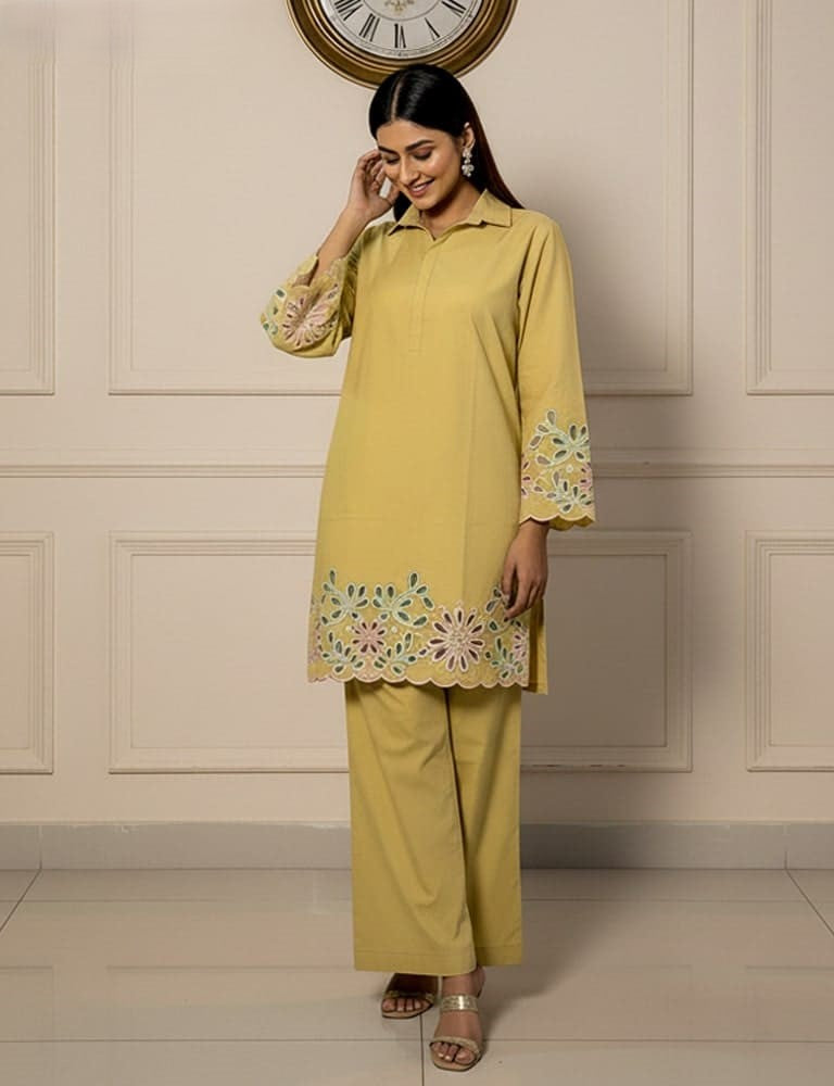 Aserin – Luxury Laser Cotton Cutwork 2PC Co-Ord Set (Multi-Color) by Mudasir Fashion