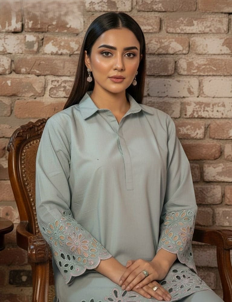 Aserin – Luxury Laser Cotton Cutwork 2PC Co-Ord Set (Multi-Color) by Mudasir Fashion