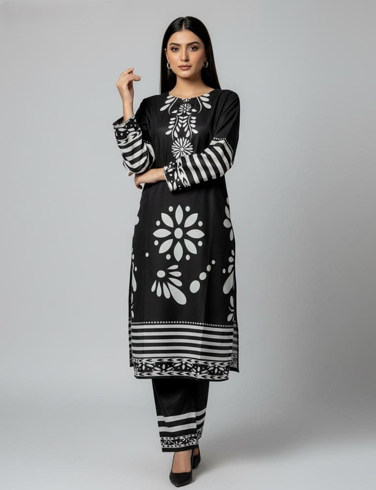 Slub Essence – 2 Piece Printed Slub Lawn Suit (Black & White)