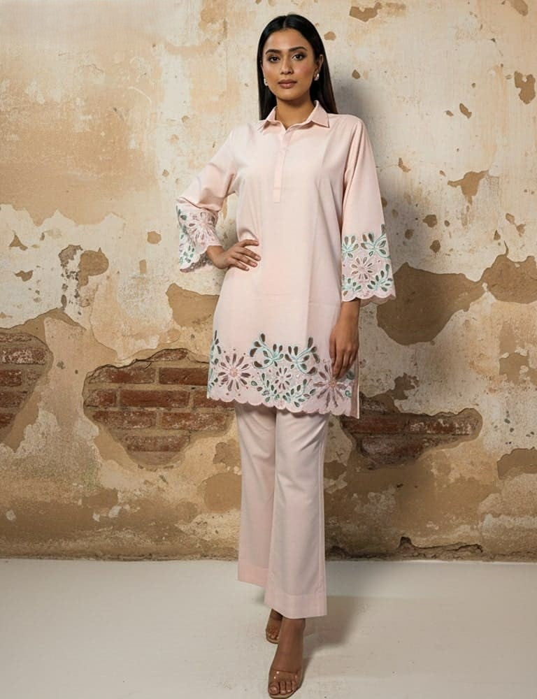 Aserin – Luxury Laser Cotton Cutwork 2PC Co-Ord Set (Multi-Color) by Mudasir Fashion