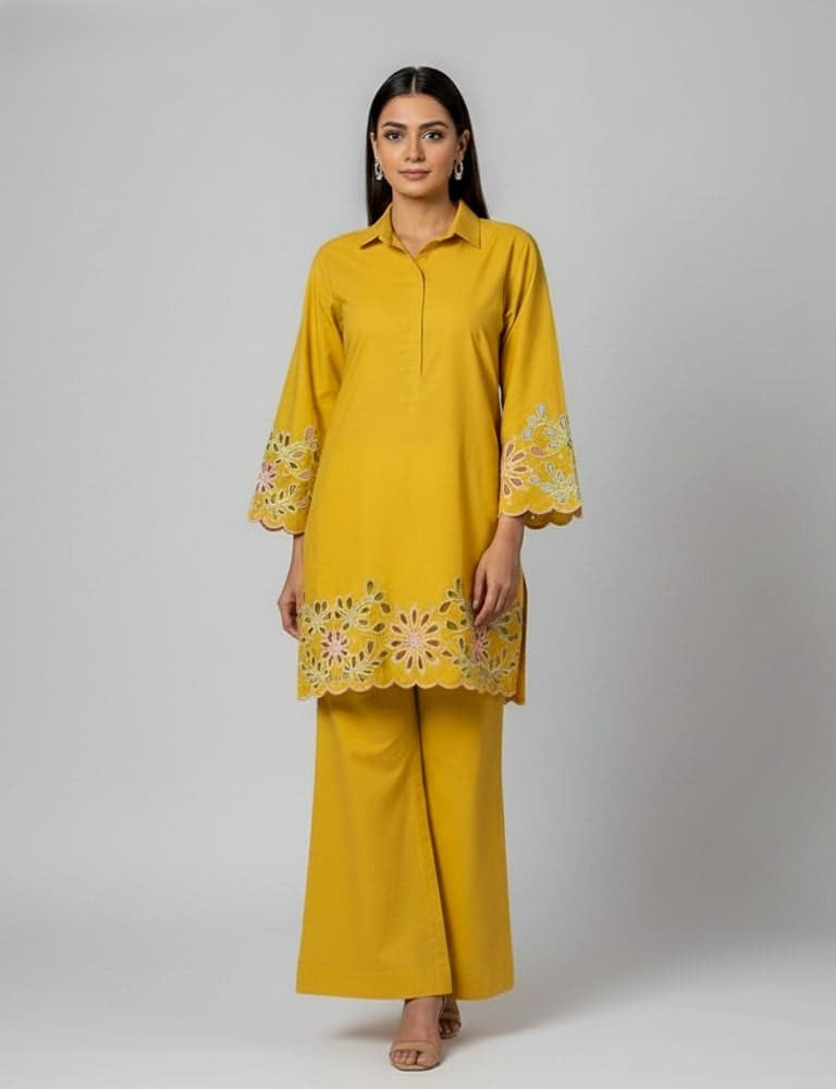 Aserin – Luxury Laser Cotton Cutwork 2PC Co-Ord Set (Multi-Color) by Mudasir Fashion