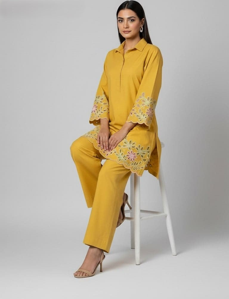 Aserin – Luxury Laser Cotton Cutwork 2PC Co-Ord Set (Multi-Color) by Mudasir Fashion