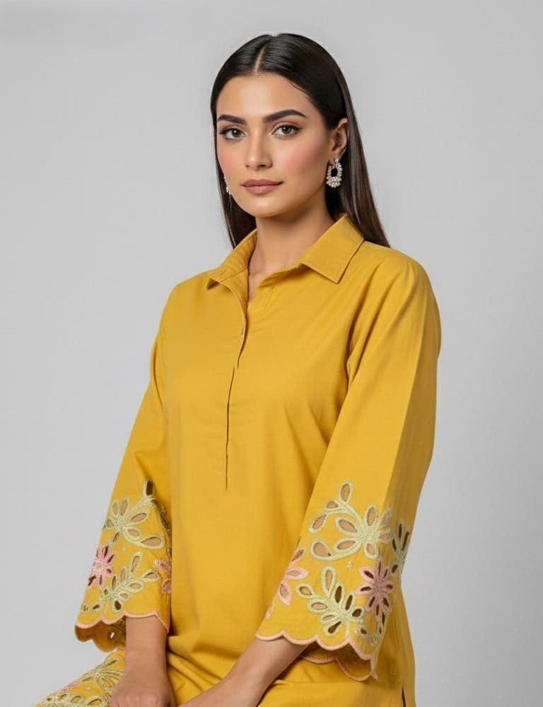 Aserin – Luxury Laser Cotton Cutwork 2PC Co-Ord Set (Multi-Color) by Mudasir Fashion