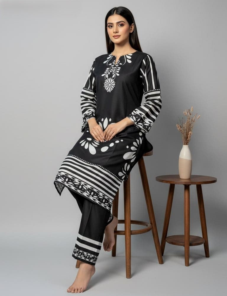 Slub Essence – 2 Piece Printed Slub Lawn Suit (Black & White)