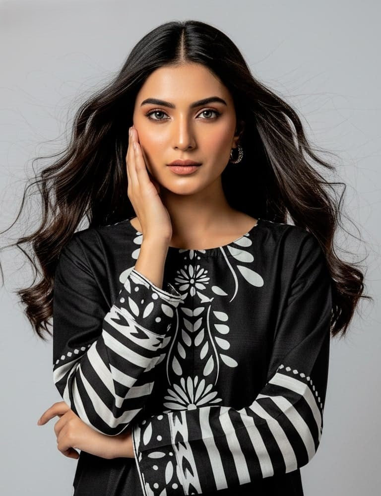 Slub Essence – 2 Piece Printed Slub Lawn Suit (Black & White)