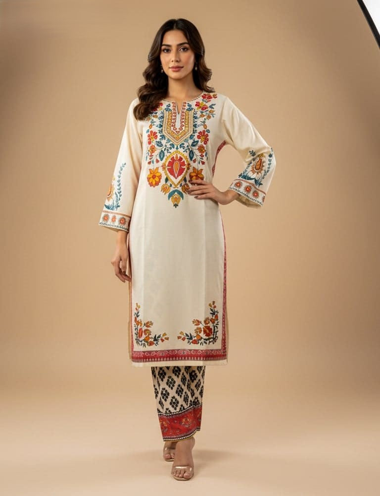 Slub Essence – 2PC Printed Slub Lawn (Creme) by Mudasir Fashion