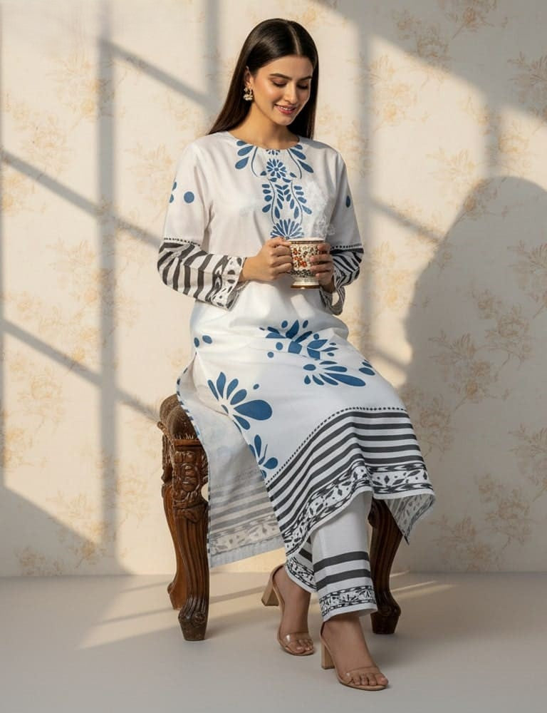 Slub Essence – 2 Piece Printed Slub Lawn Suit (White)