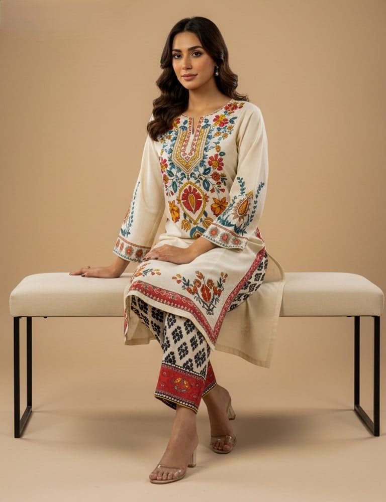 Slub Essence – 2PC Printed Slub Lawn (Creme) by Mudasir Fashion