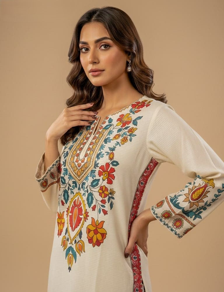 Slub Essence – 2PC Printed Slub Lawn (Creme) by Mudasir Fashion