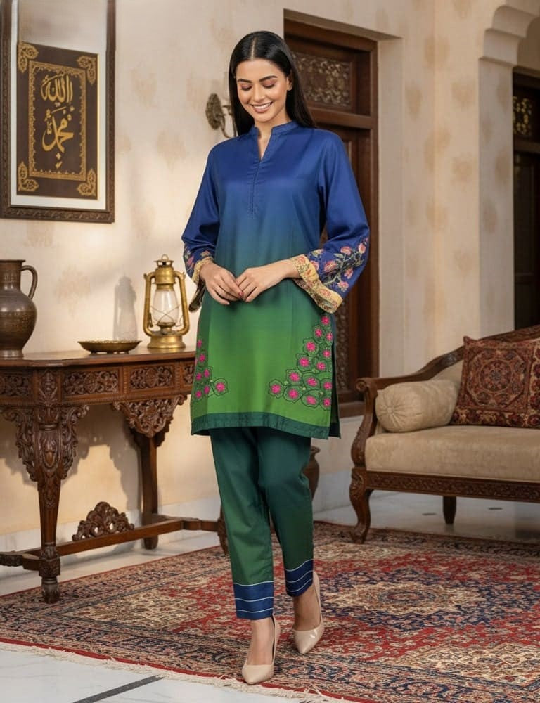Bivossa – 2PC Printed Viscose Silk Co-ord Set (Green-Blue Gradient) by Mudasir Fashion