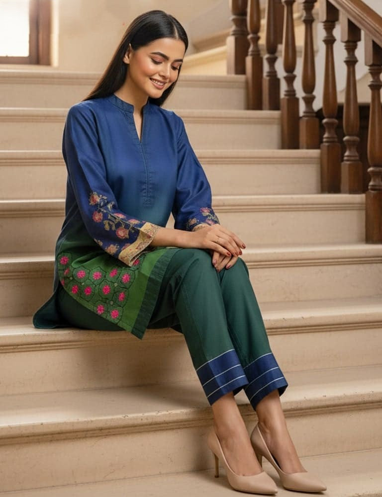 Bivossa – 2PC Printed Viscose Silk Co-ord Set (Green-Blue Gradient) by Mudasir Fashion