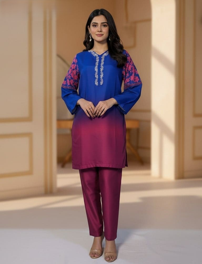 Bivossa – 2PC Printed Viscose Silk Co-ord Set (Blue-Pink Gradient) by Mudasir Fashion