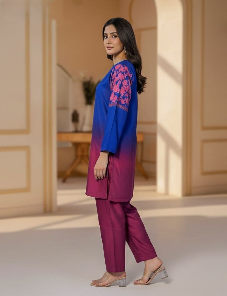 Bivossa – 2PC Printed Viscose Silk Co-ord Set (Blue-Pink Gradient) by Mudasir Fashion