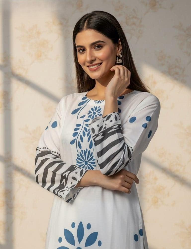 Slub Essence – 2 Piece Printed Slub Lawn Suit (White)