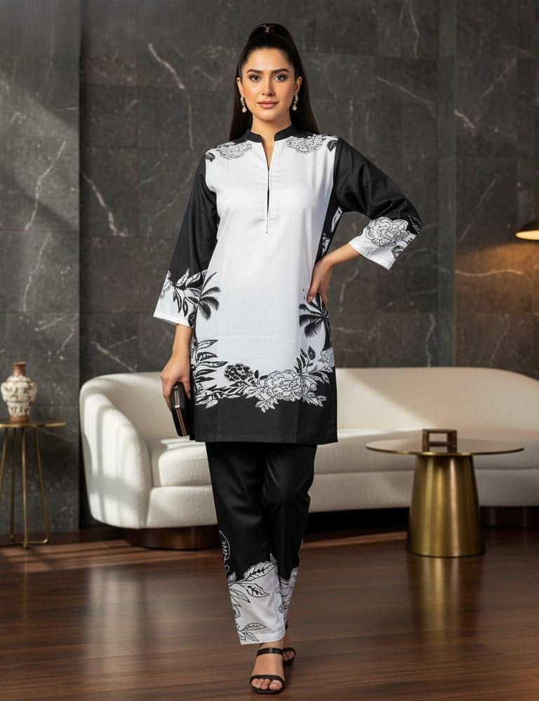 Bivossa – 2PC Printed Viscose Silk Co-ord Set (Black & White) by Mudasir Fashion