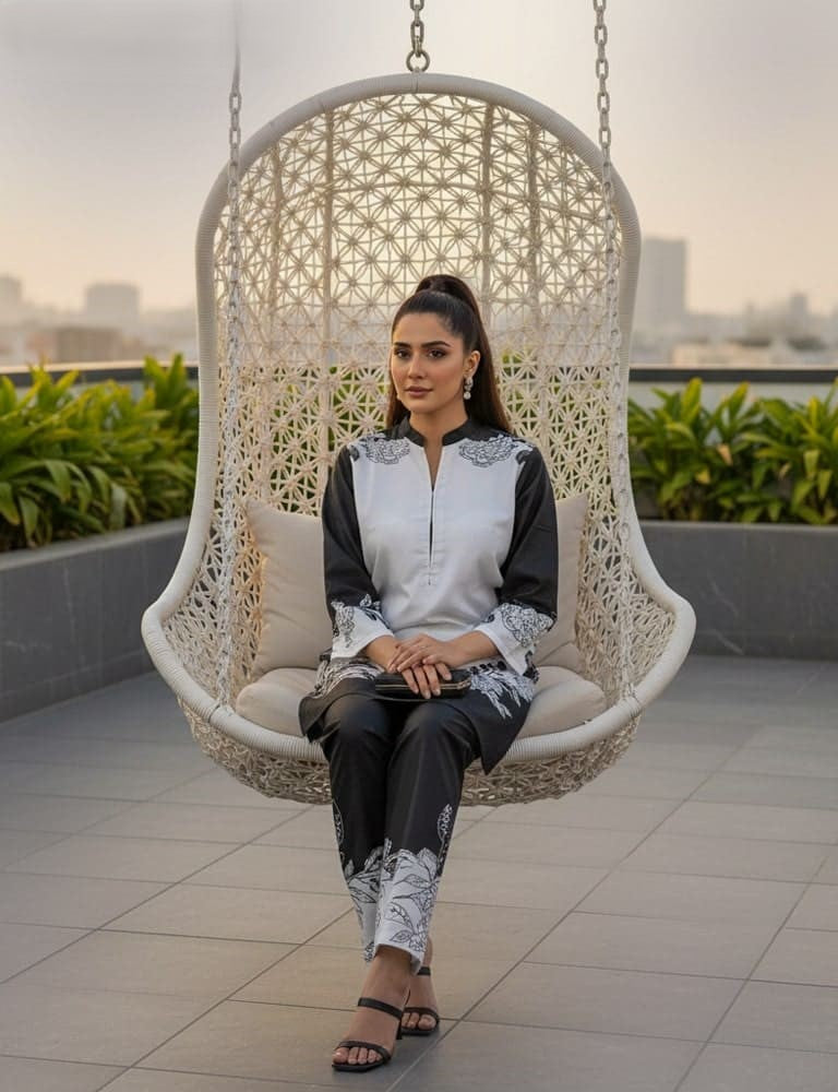 Bivossa – 2PC Printed Viscose Silk Co-ord Set (Black & White) by Mudasir Fashion