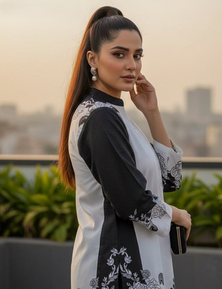 Bivossa – 2PC Printed Viscose Silk Co-ord Set (Black & White) by Mudasir Fashion