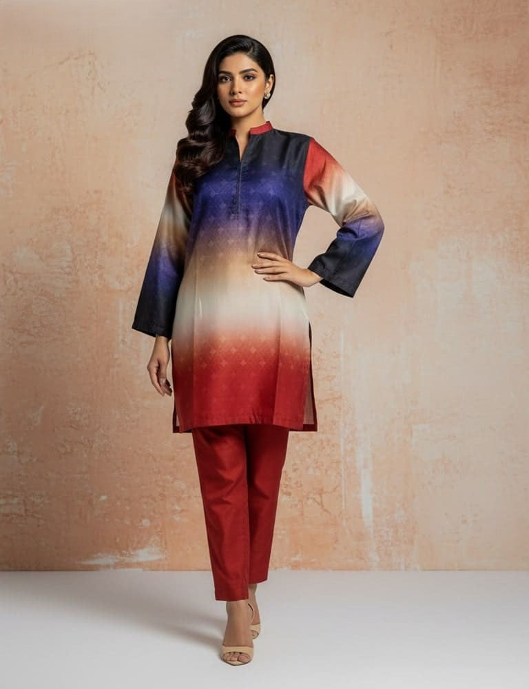 Bivossa – 2PC Printed Viscose Silk Co-ord Set (Maroon Gradient) by Mudasir Fashion