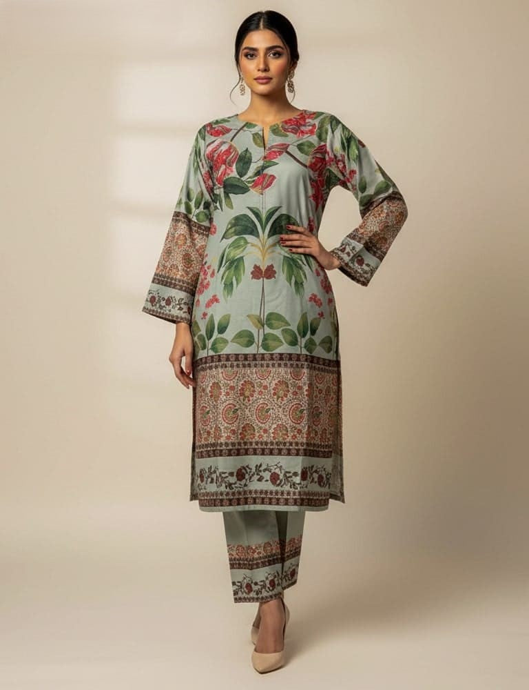 Slub Essence – 2 Piece Printed Slub Lawn Suit (Grey)