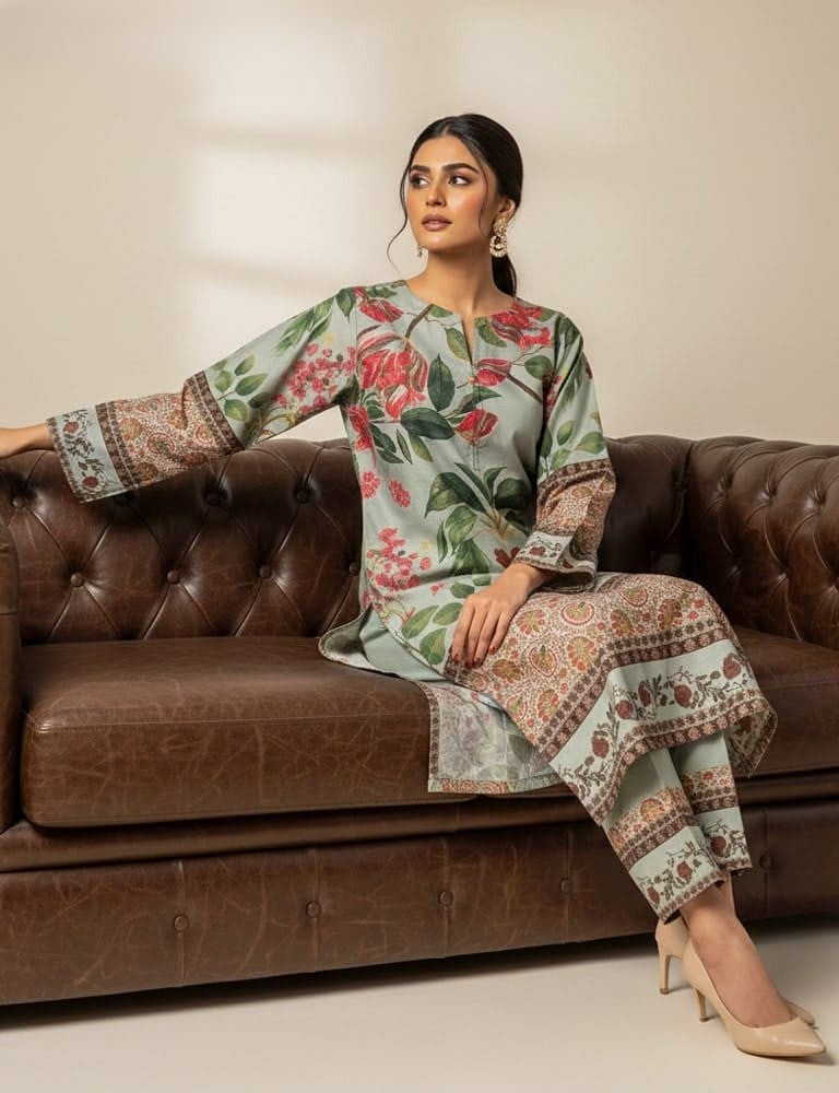 Slub Essence – 2 Piece Printed Slub Lawn Suit (Grey)