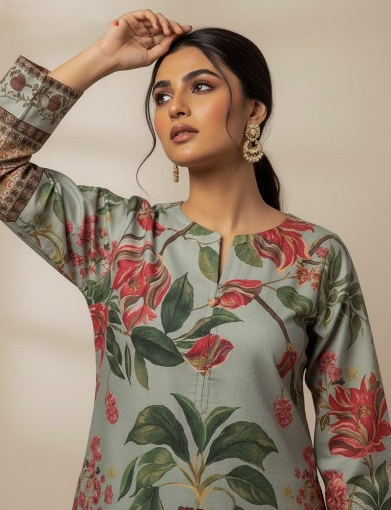 Slub Essence – 2 Piece Printed Slub Lawn Suit (Grey)