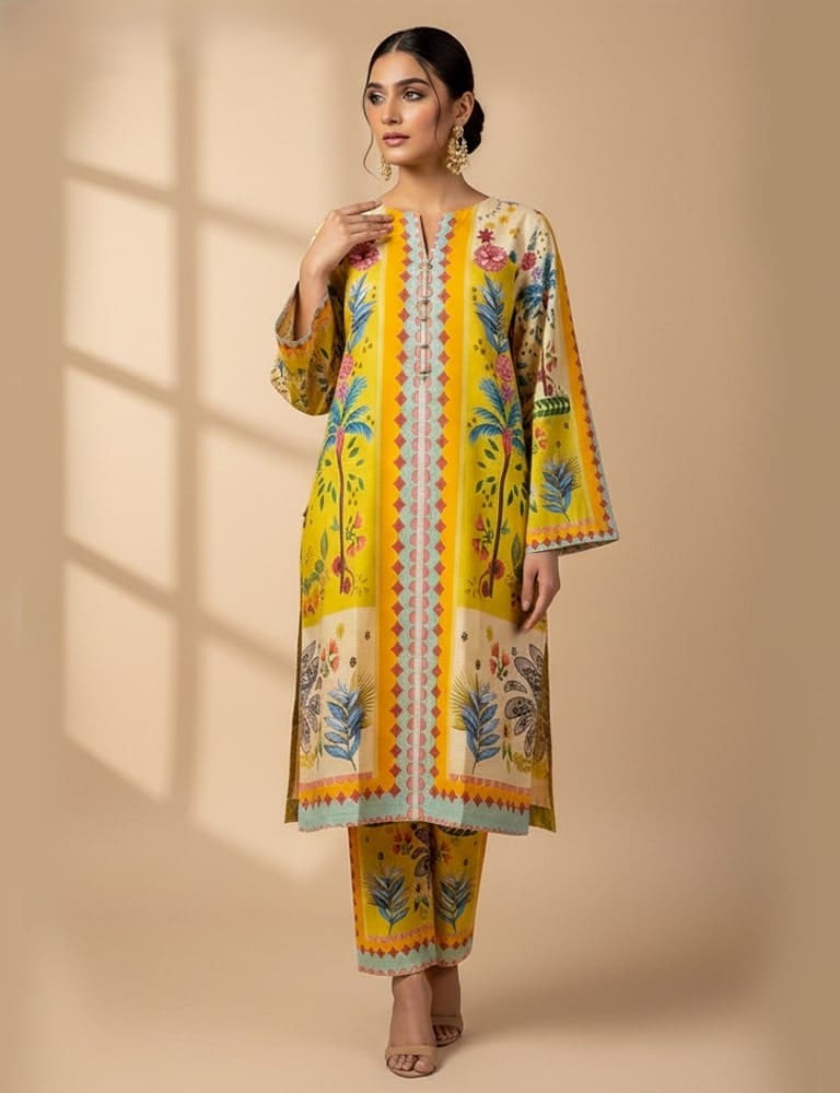 Slub Essence – 2 Piece Printed Slub Lawn Suit (Lemon)