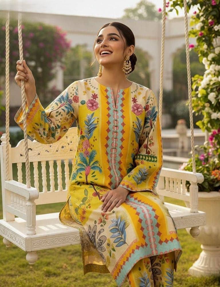 Slub Essence – 2 Piece Printed Slub Lawn Suit (Lemon)