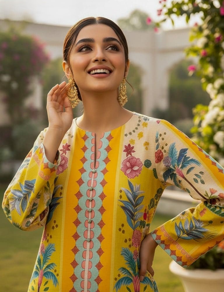 Slub Essence – 2 Piece Printed Slub Lawn Suit (Lemon)